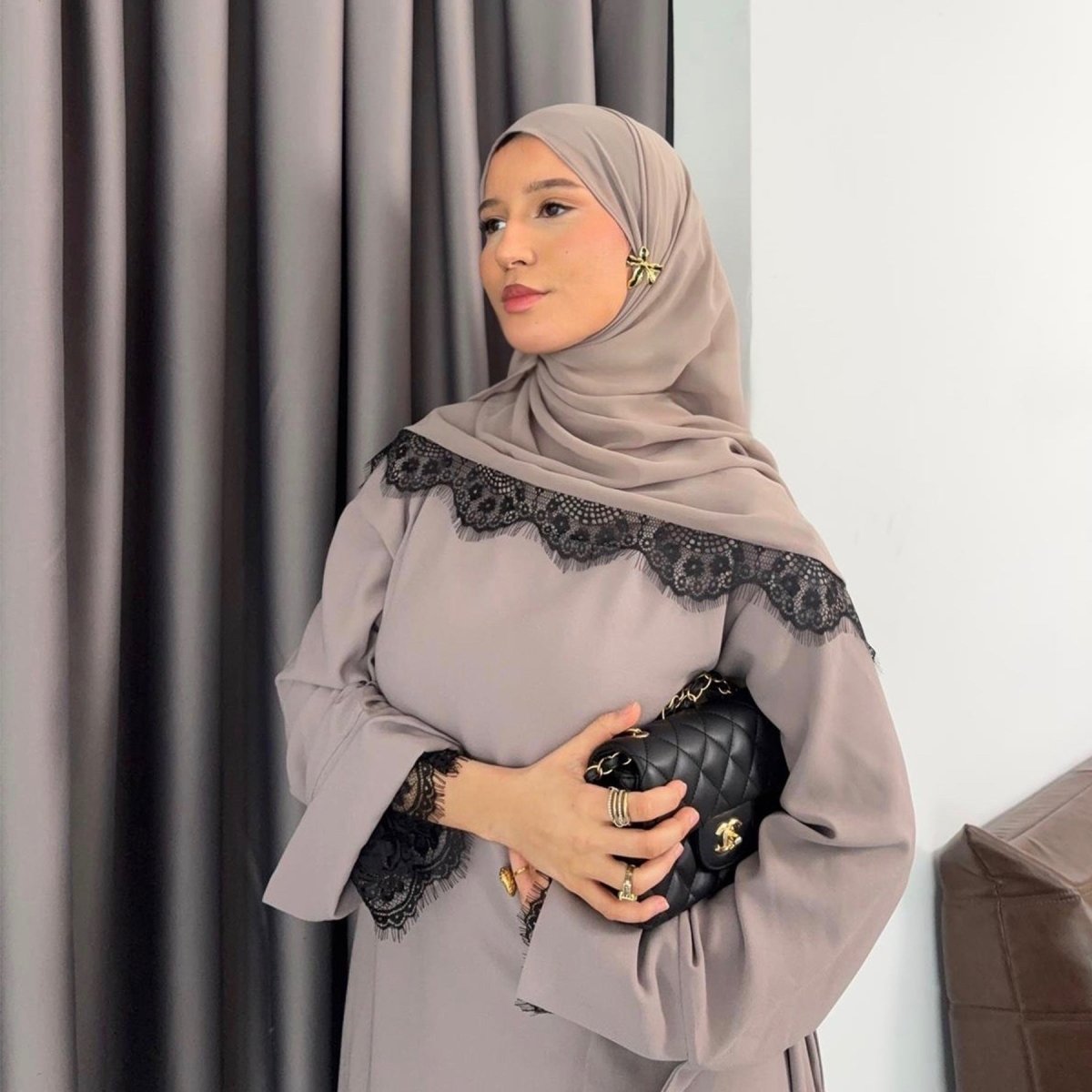 Lace Splice Nida Maxi Dress & Hijab Set(MA444)