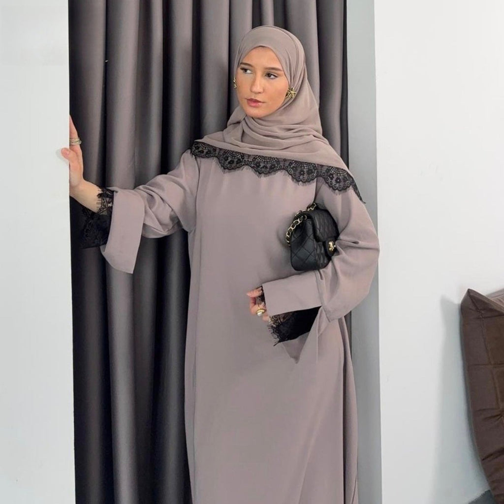 Lace Splice Nida Maxi Dress & Hijab Set(MA444)