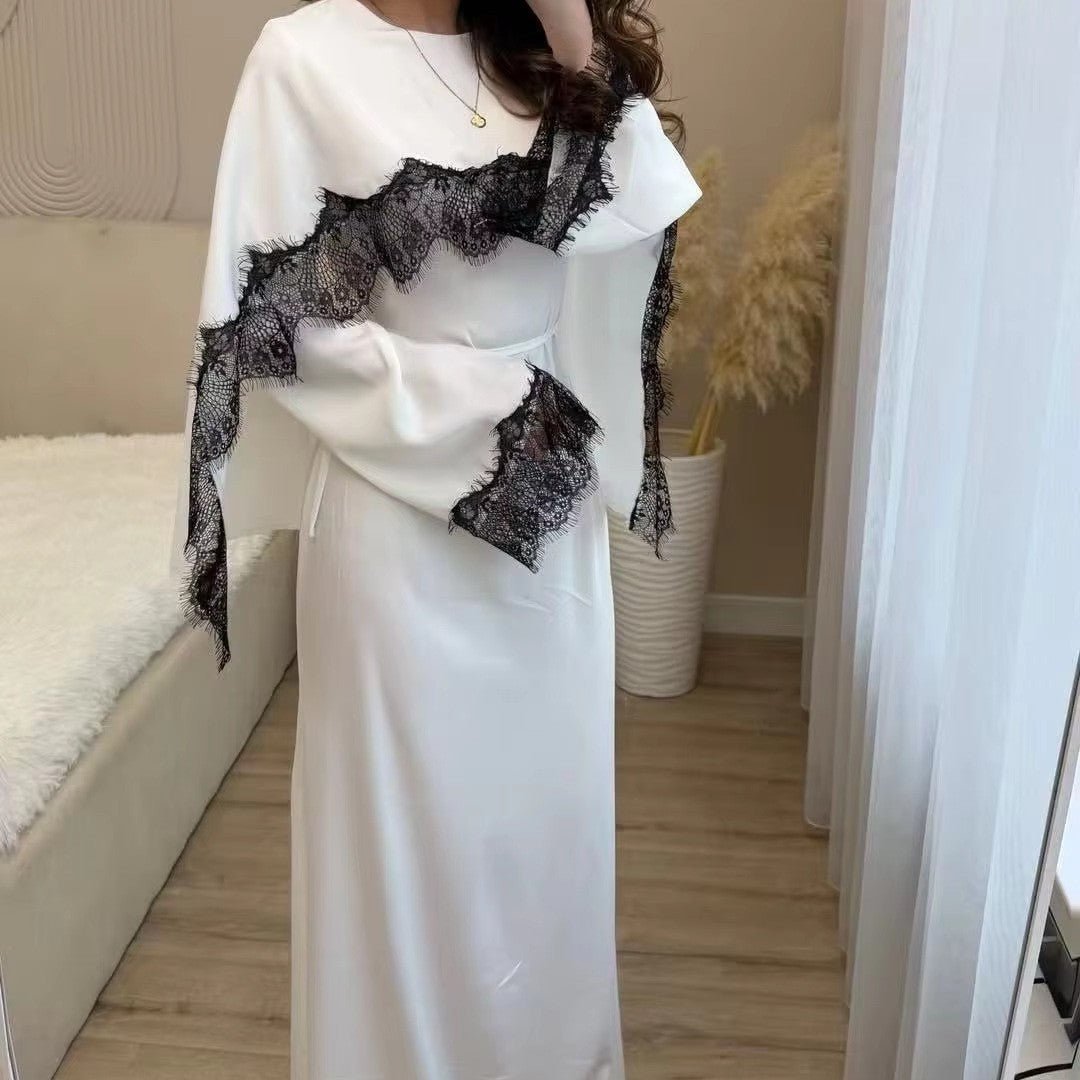 Lace Splice Satin Maxi Dress with Fixed Cape(MS438)