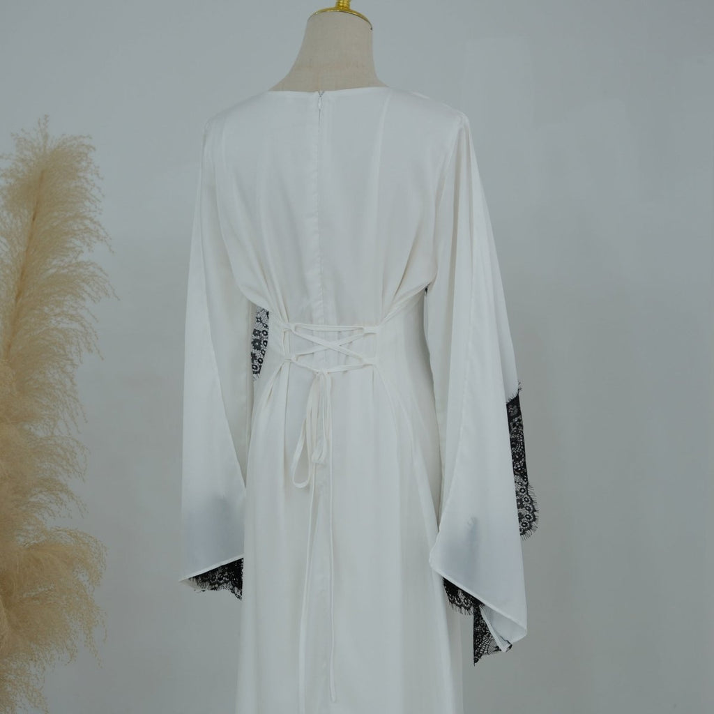 Lace Splice Satin Maxi Dress with Fixed Cape(MS438)