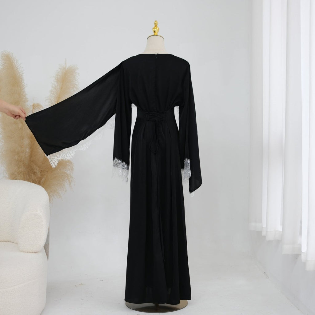 Lace Splice Satin Maxi Dress with Fixed Cape(MS438)