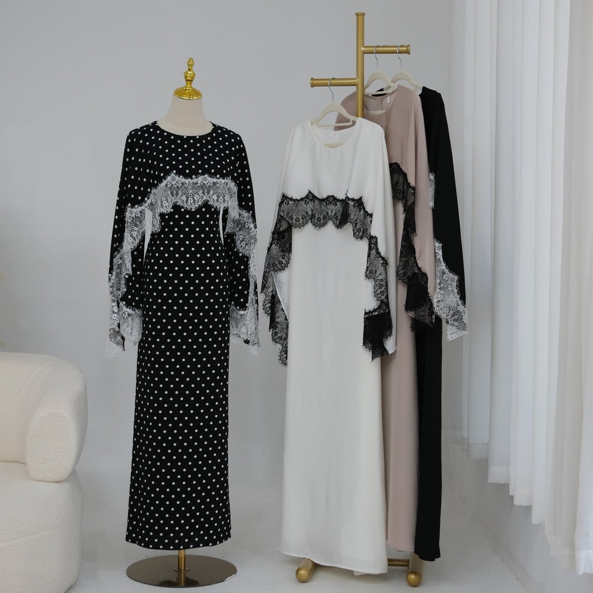 Lace Splice Satin Maxi Dress with Fixed Cape(MS438)