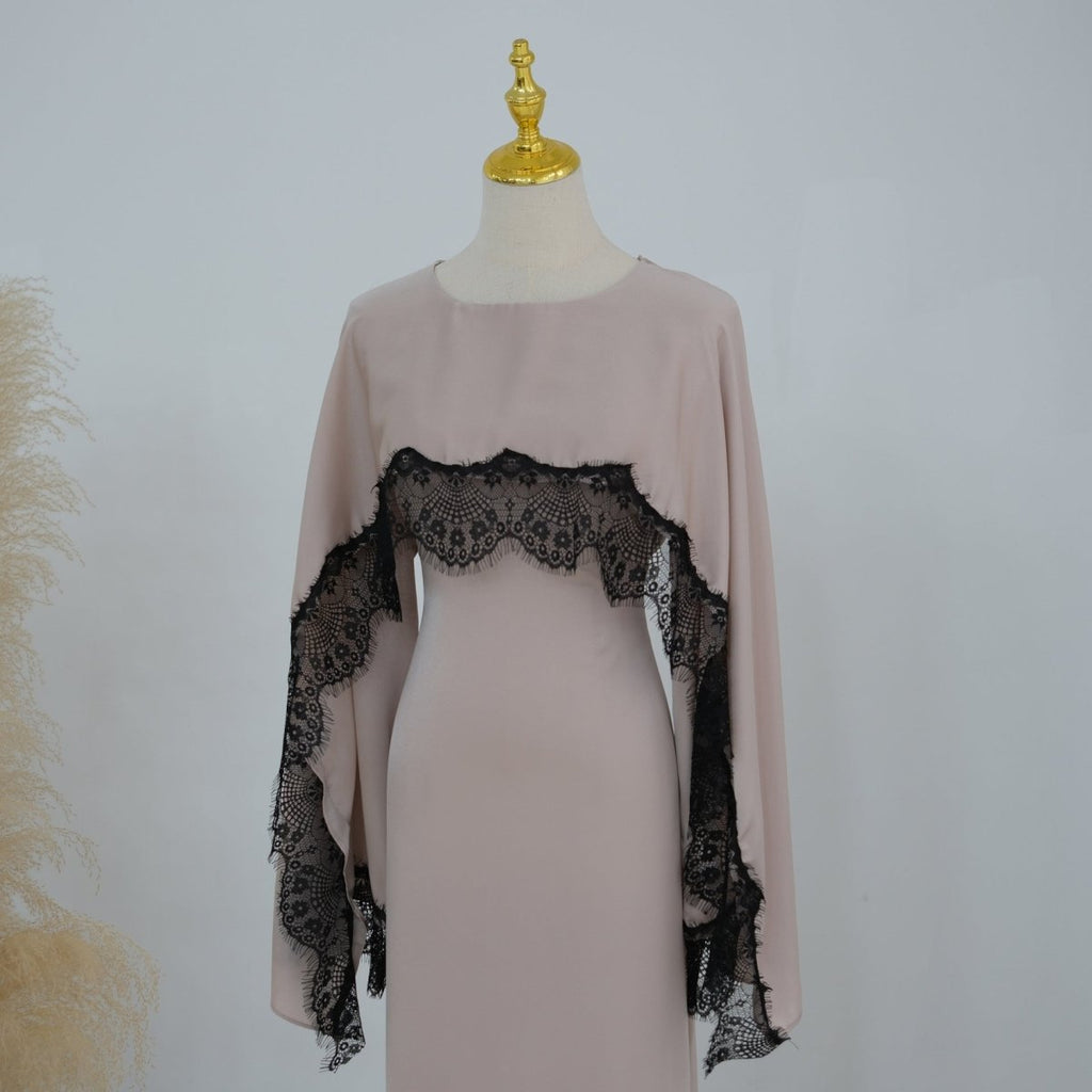 Lace Splice Satin Maxi Dress with Fixed Cape(MS438)
