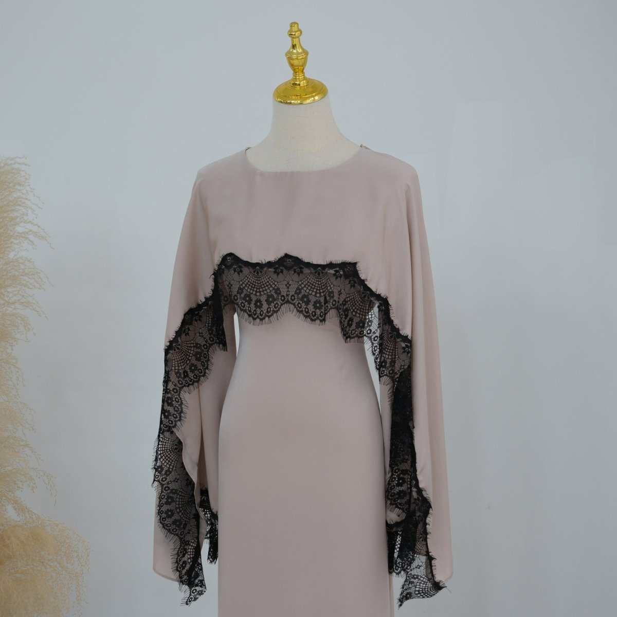 Lace Splice Satin Maxi Dress with Fixed Cape(MS438)
