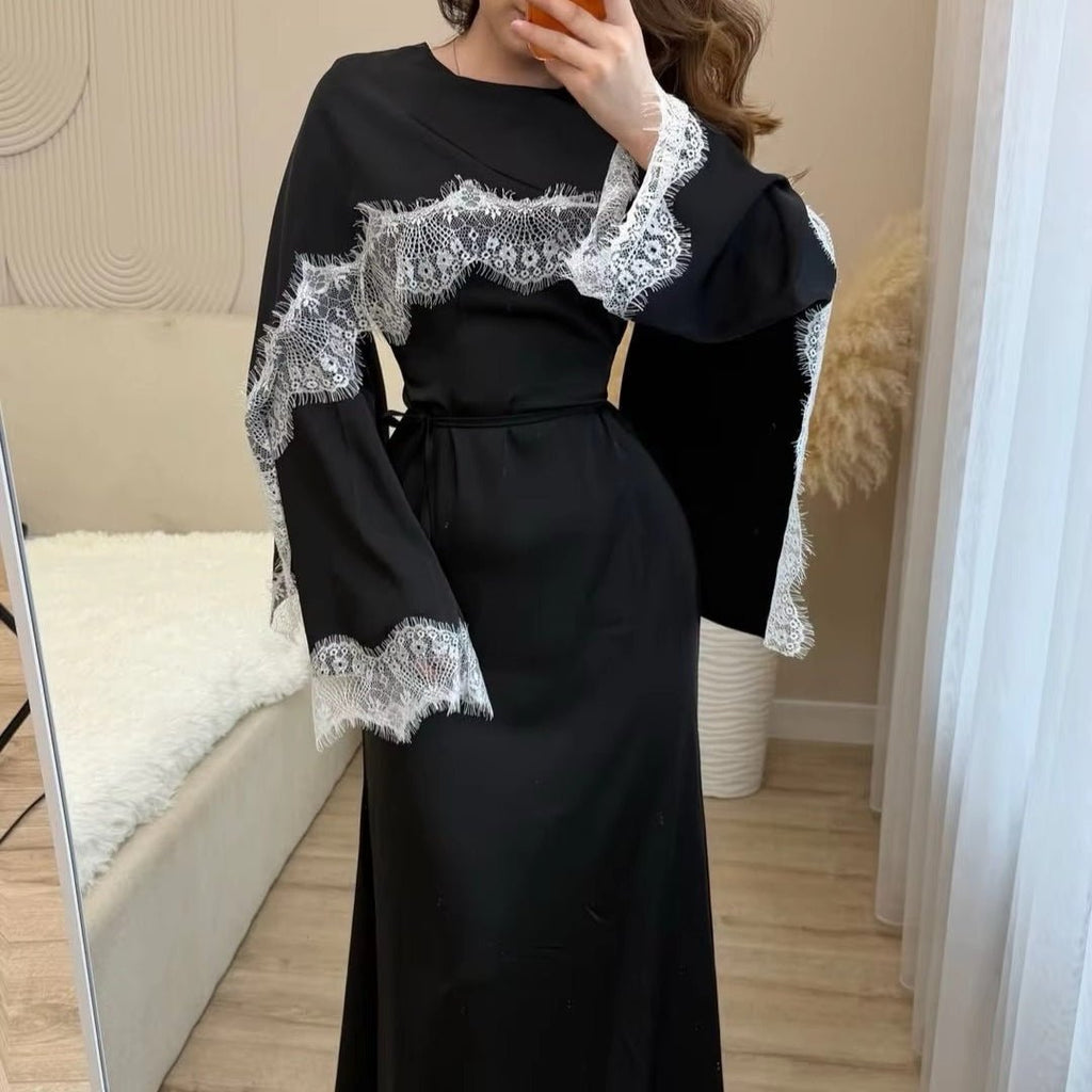 Lace Splice Satin Maxi Dress with Fixed Cape(MS438)