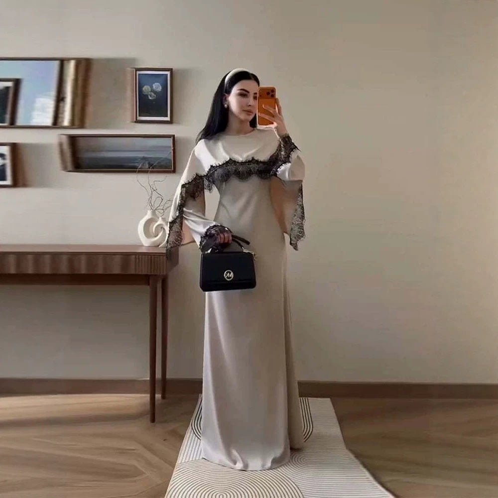 Lace Splice Satin Maxi Dress with Fixed Cape(MS438)