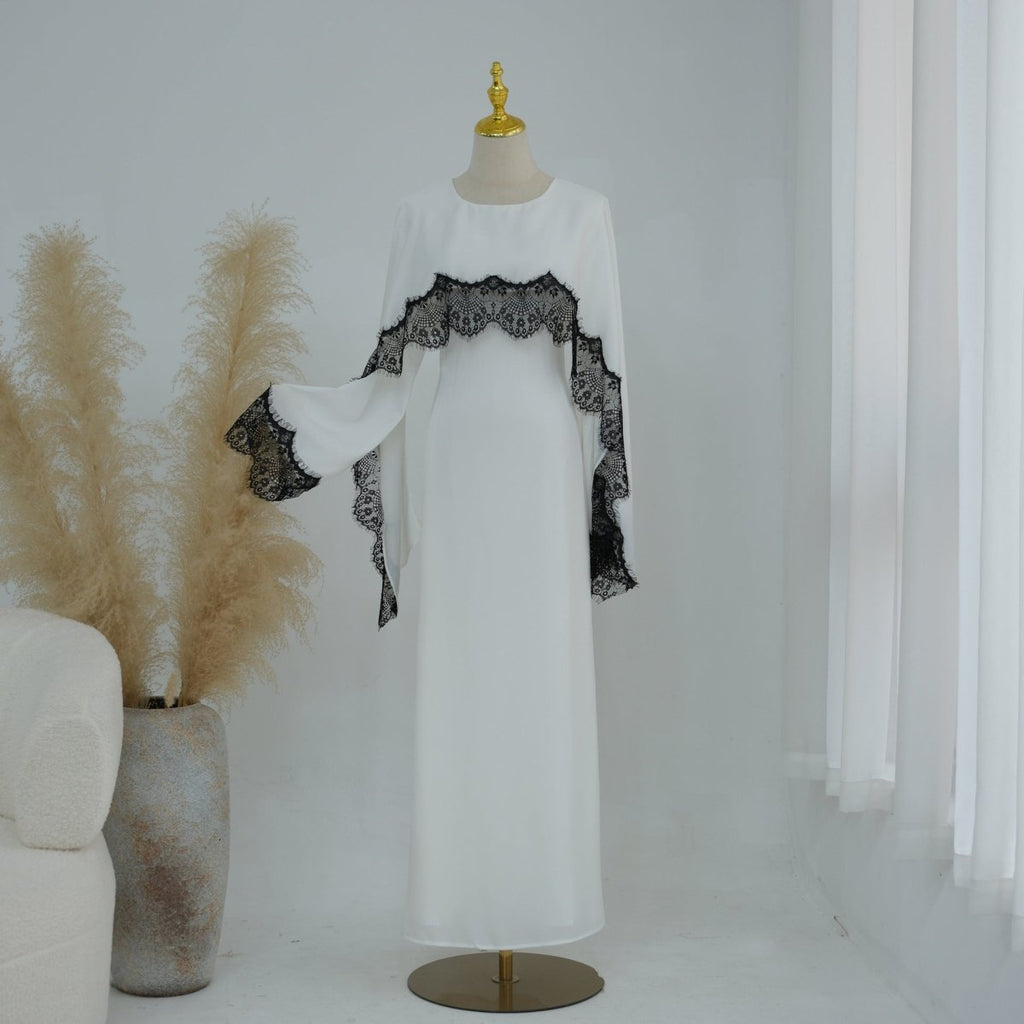 Lace Splice Satin Maxi Dress with Fixed Cape(MS438)