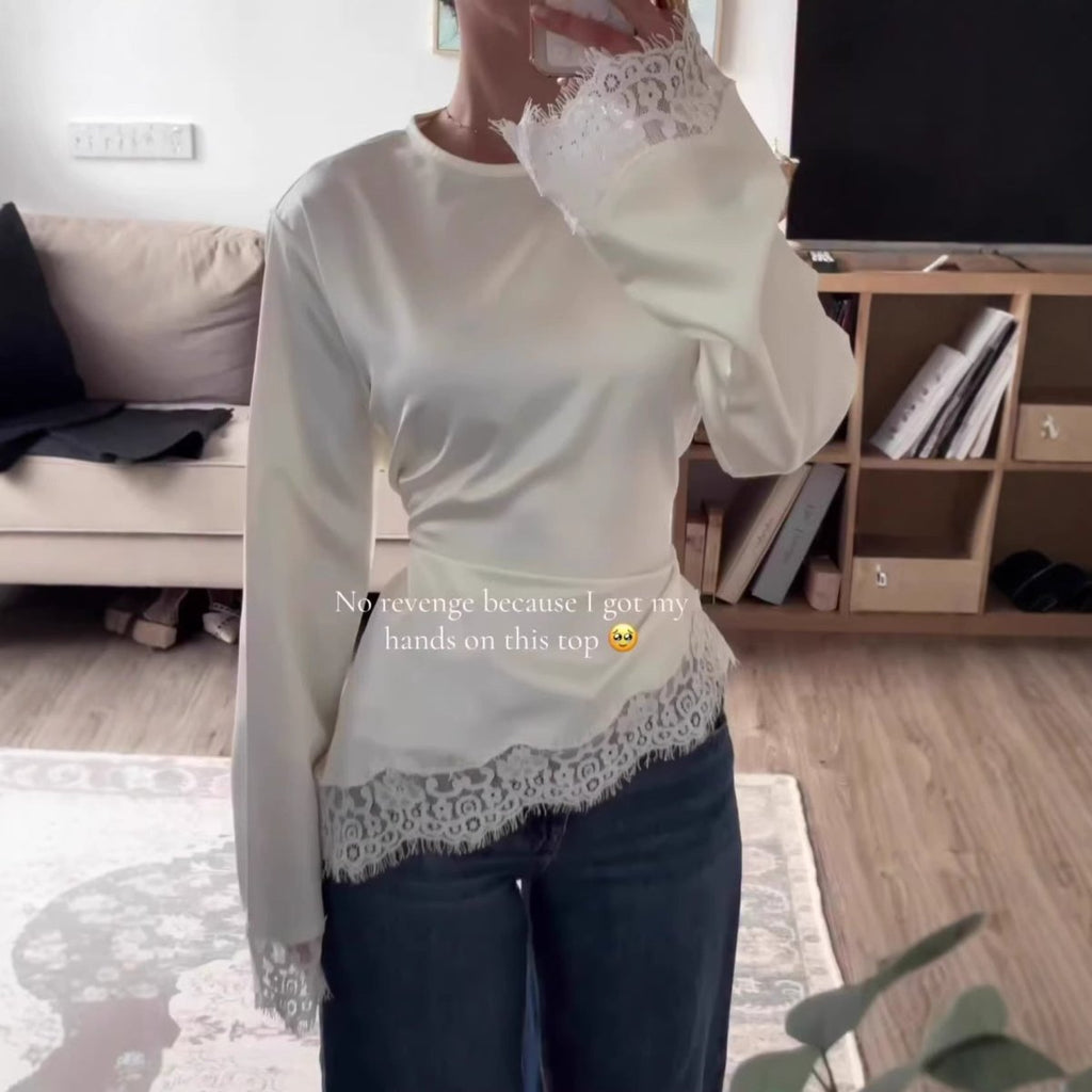 Lace Trim Asymmetric Hem Top(MS389)