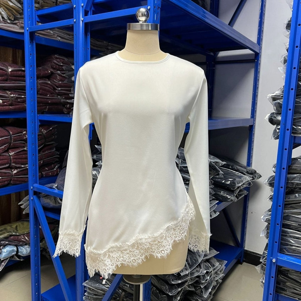Lace Trim Asymmetric Hem Top(MS389)