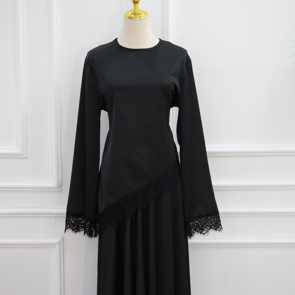 Lace Trim Contrast Panel Satin Top(MS407)