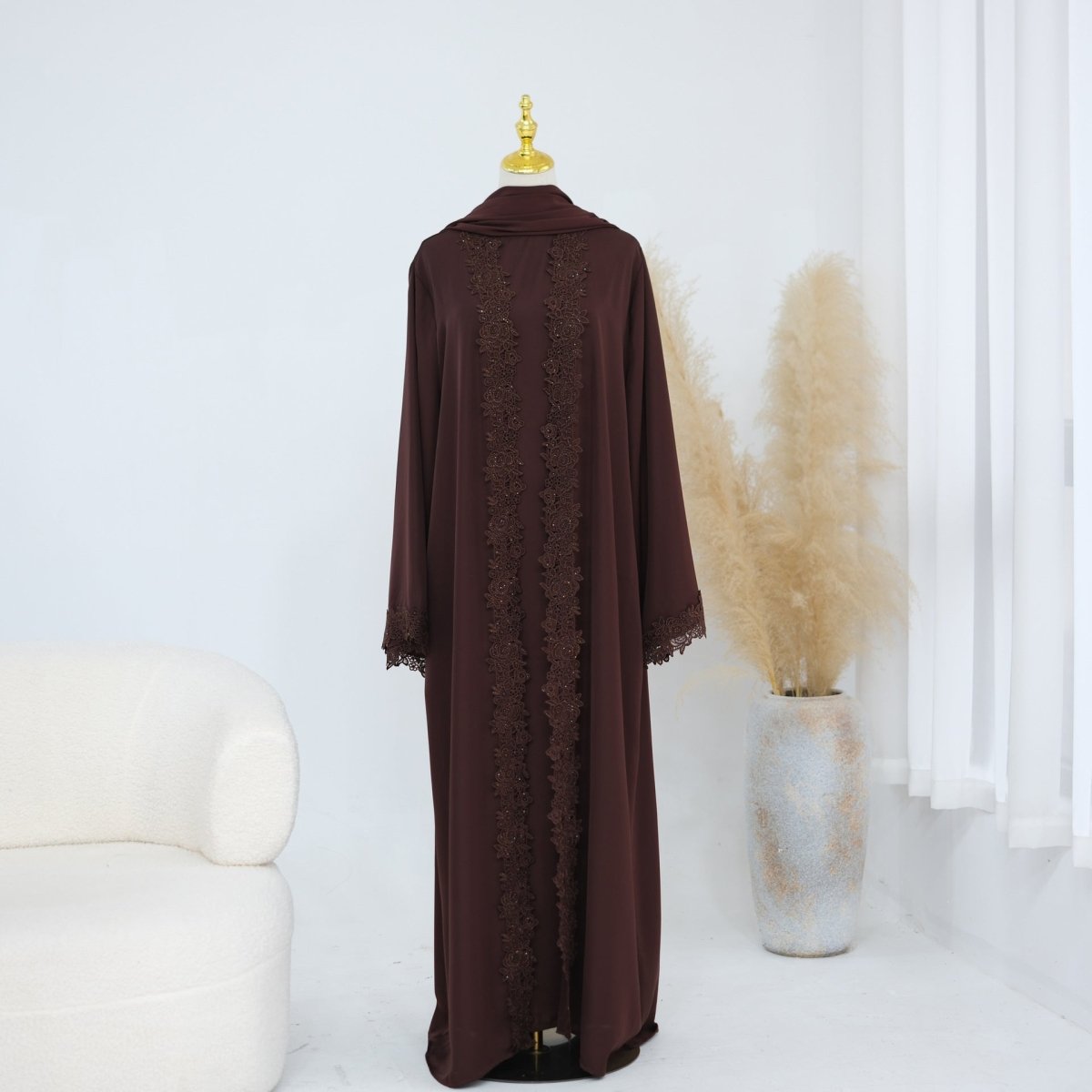 Lace-Trim Nida 3-Piece Abaya Set(MOA330)