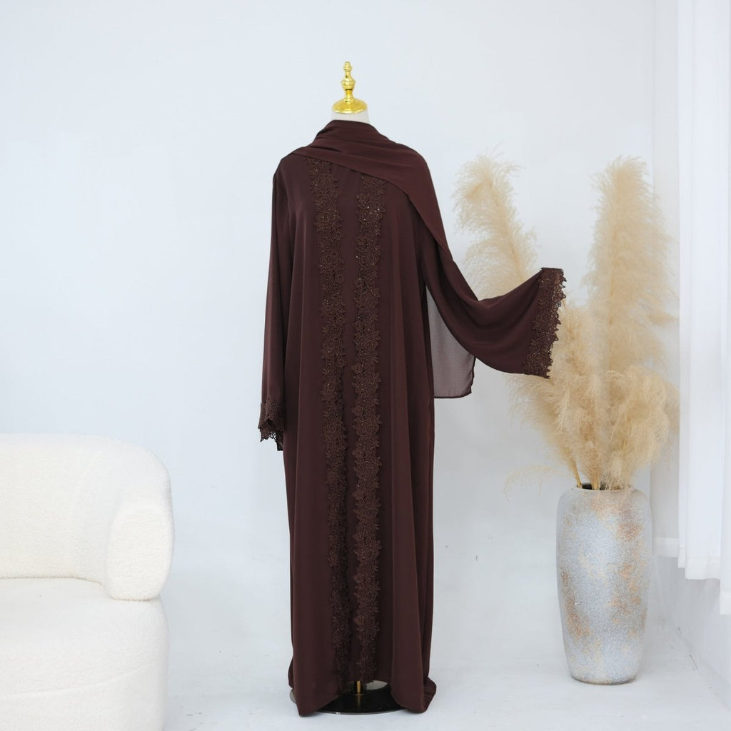 Lace-Trim Nida 3-Piece Abaya Set(MOA330)