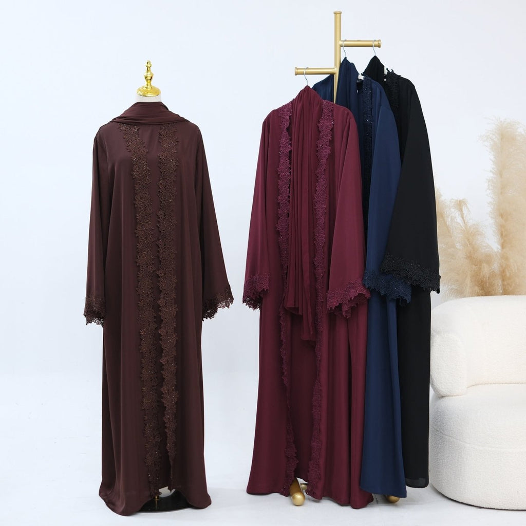 Lace-Trim Nida 3-Piece Abaya Set(MOA330)