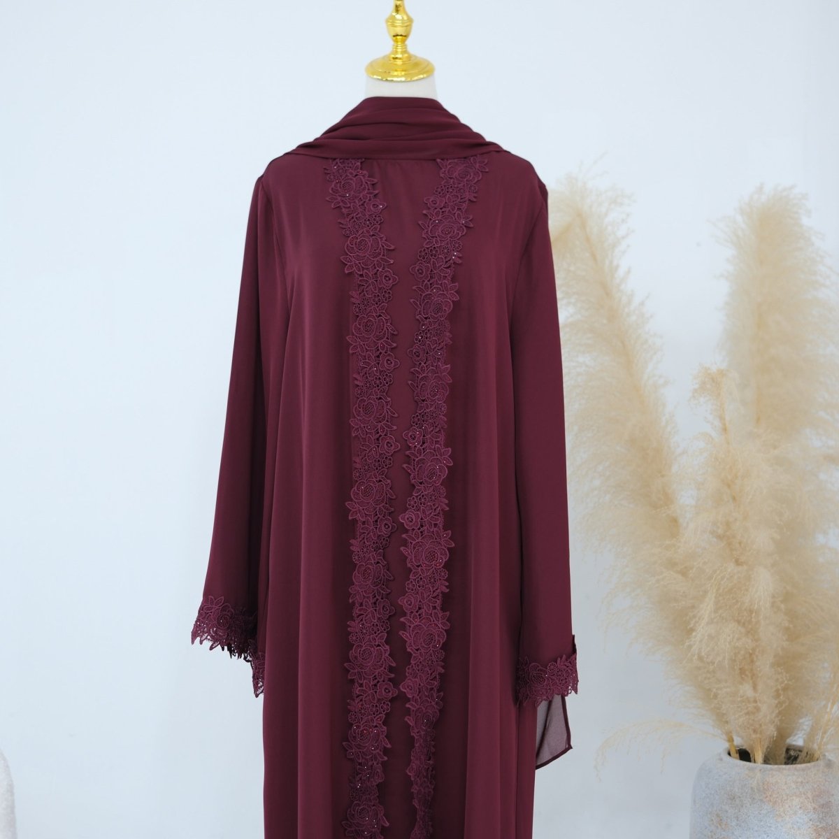 Lace-Trim Nida 3-Piece Abaya Set(MOA330)