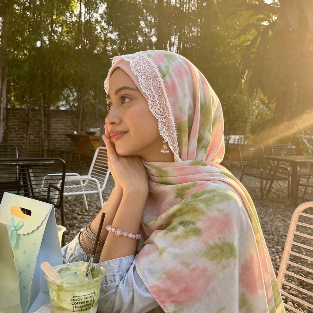 Lace Trim Print Hijab Shawl(MH224)
