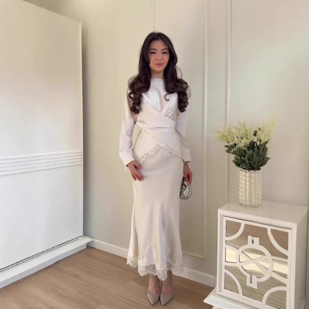 Lace Trim Wrap Top & Maxi Skirt Set (MS390)