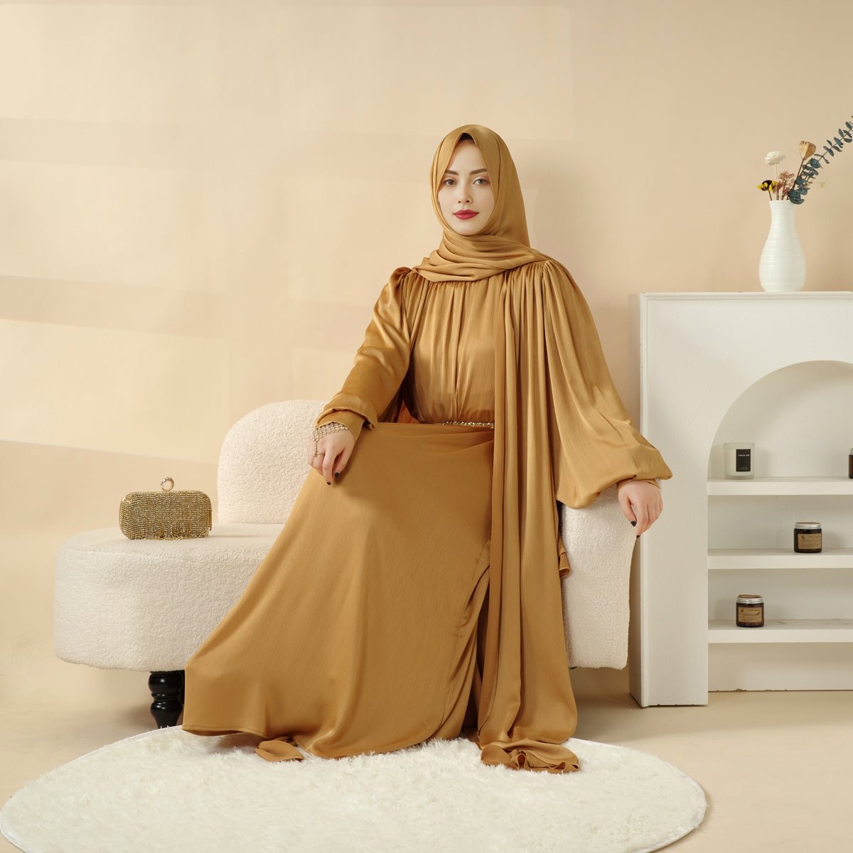 Lantern Sleeve Abaya, 4-Piece Set Large Pleated Sleeves Abaya (MOA084)