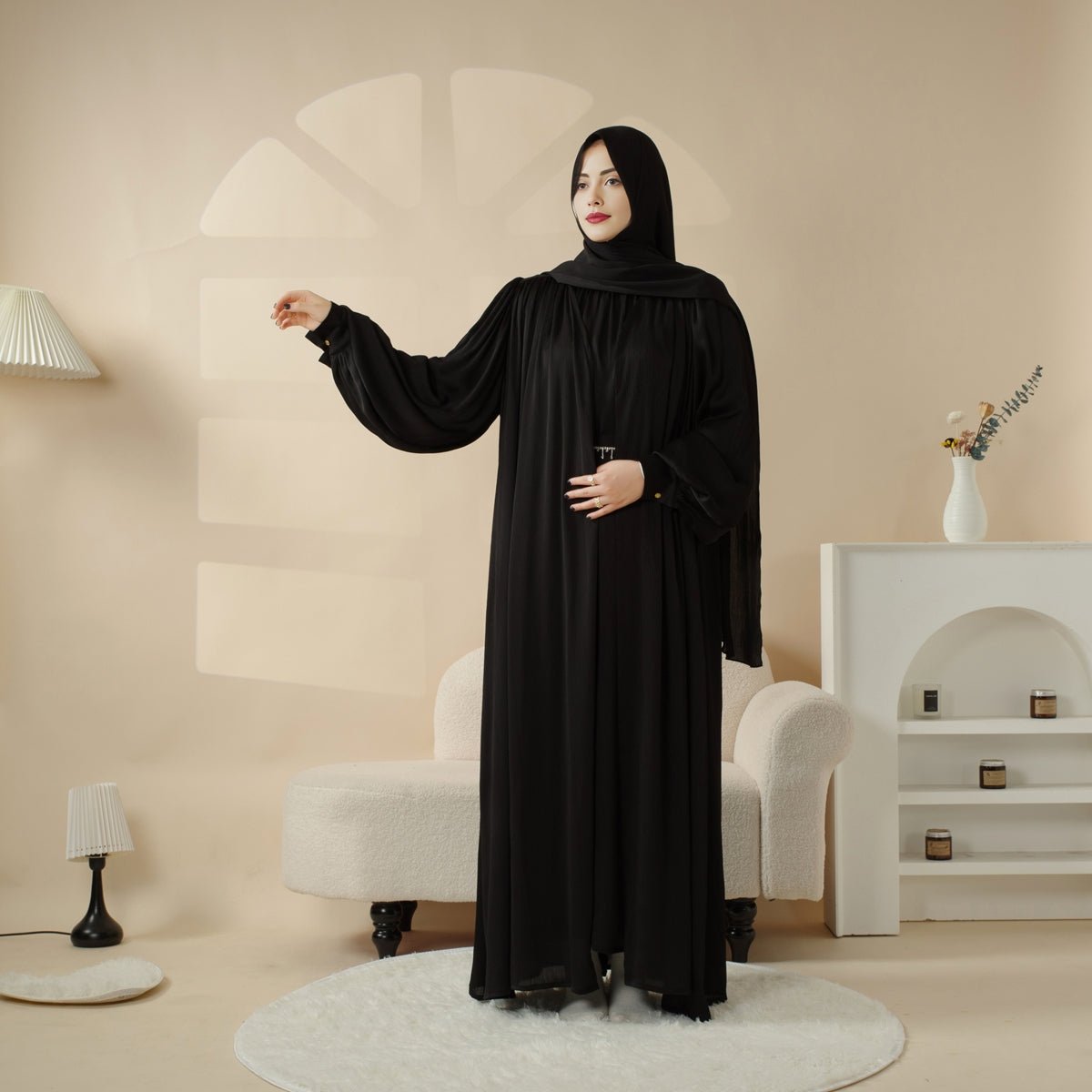 Lantern Sleeve Abaya, 4-Piece Set Large Pleated Sleeves Abaya (MOA084)