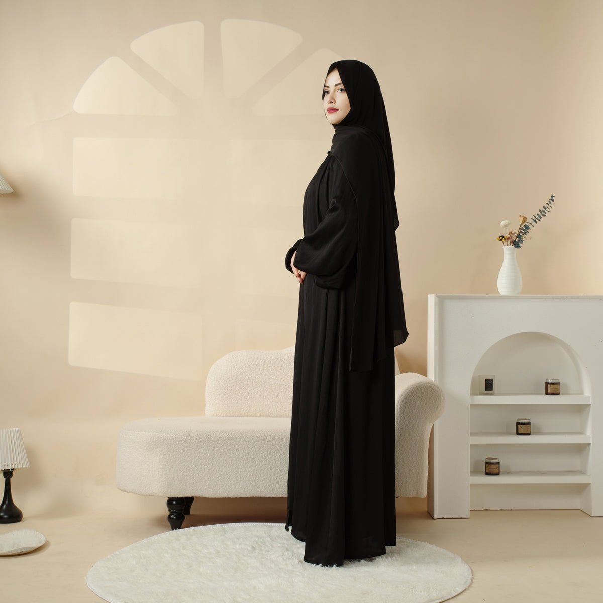 Lantern Sleeve Abaya, 4-Piece Set Large Pleated Sleeves Abaya (MOA084)