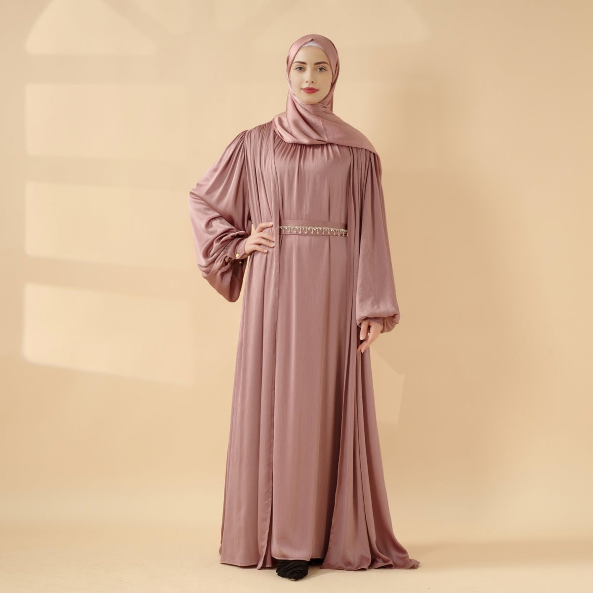 Lantern Sleeve Abaya, 4-Piece Set Large Pleated Sleeves Abaya (MOA084)
