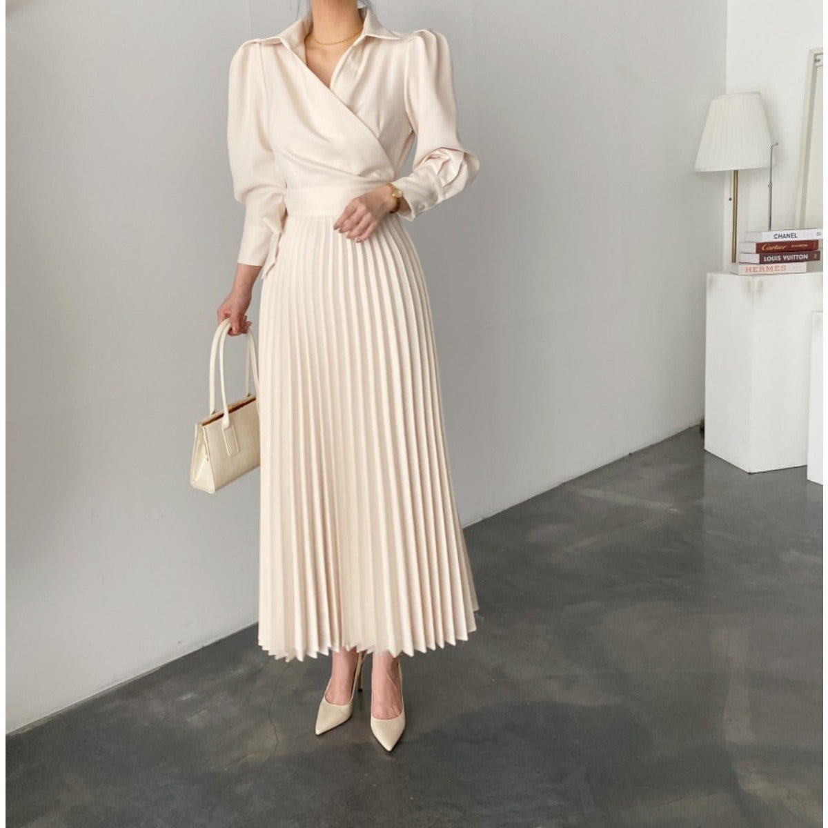 Lapel Bow Tie Waist Dress | Skinny Bubble Sleeve Pleated Midi Dress (MA240)