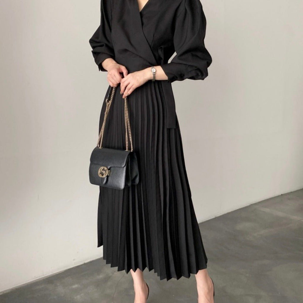 Lapel Bow Tie Waist Dress | Skinny Bubble Sleeve Pleated Midi Dress (MA240)