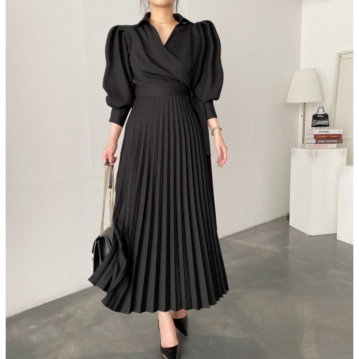 Lapel Bow Tie Waist Dress | Skinny Bubble Sleeve Pleated Midi Dress (MA240)