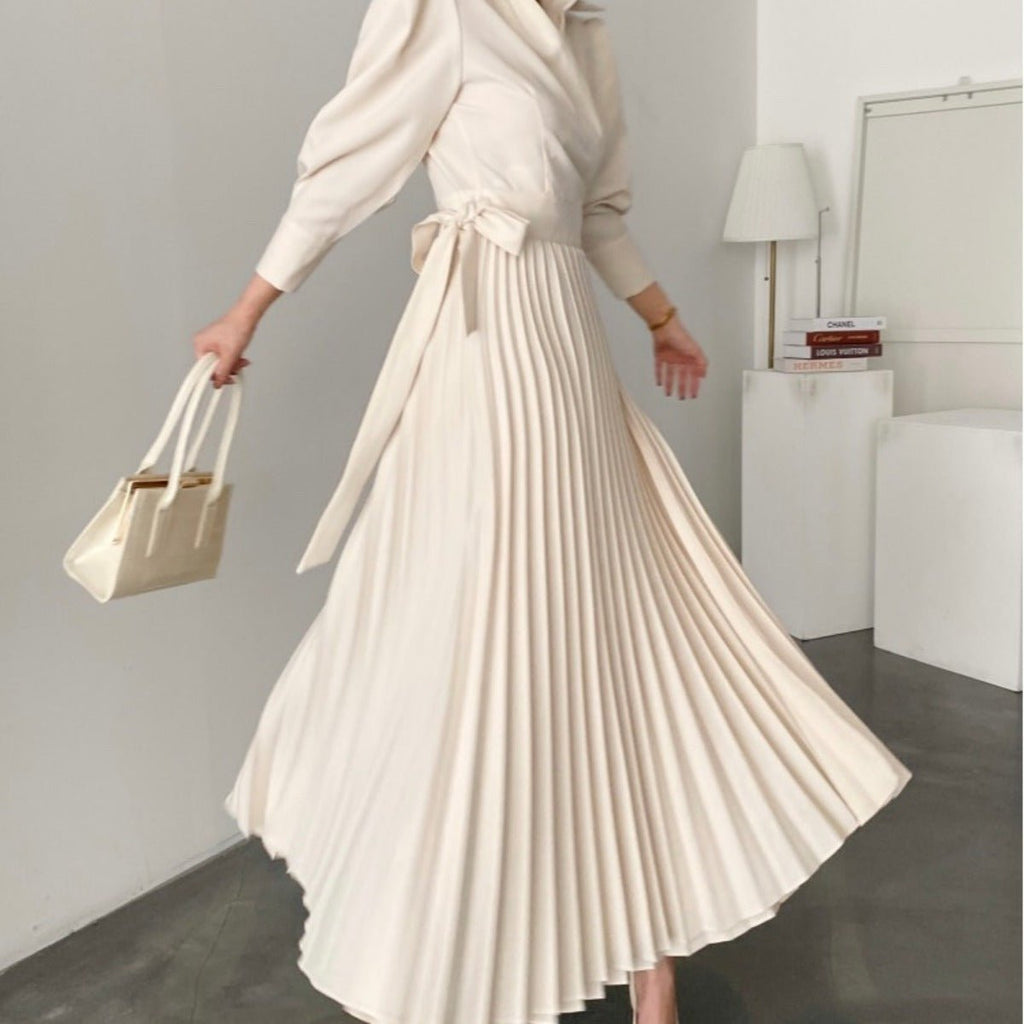 Lapel Bow Tie Waist Dress | Skinny Bubble Sleeve Pleated Midi Dress (MA240)
