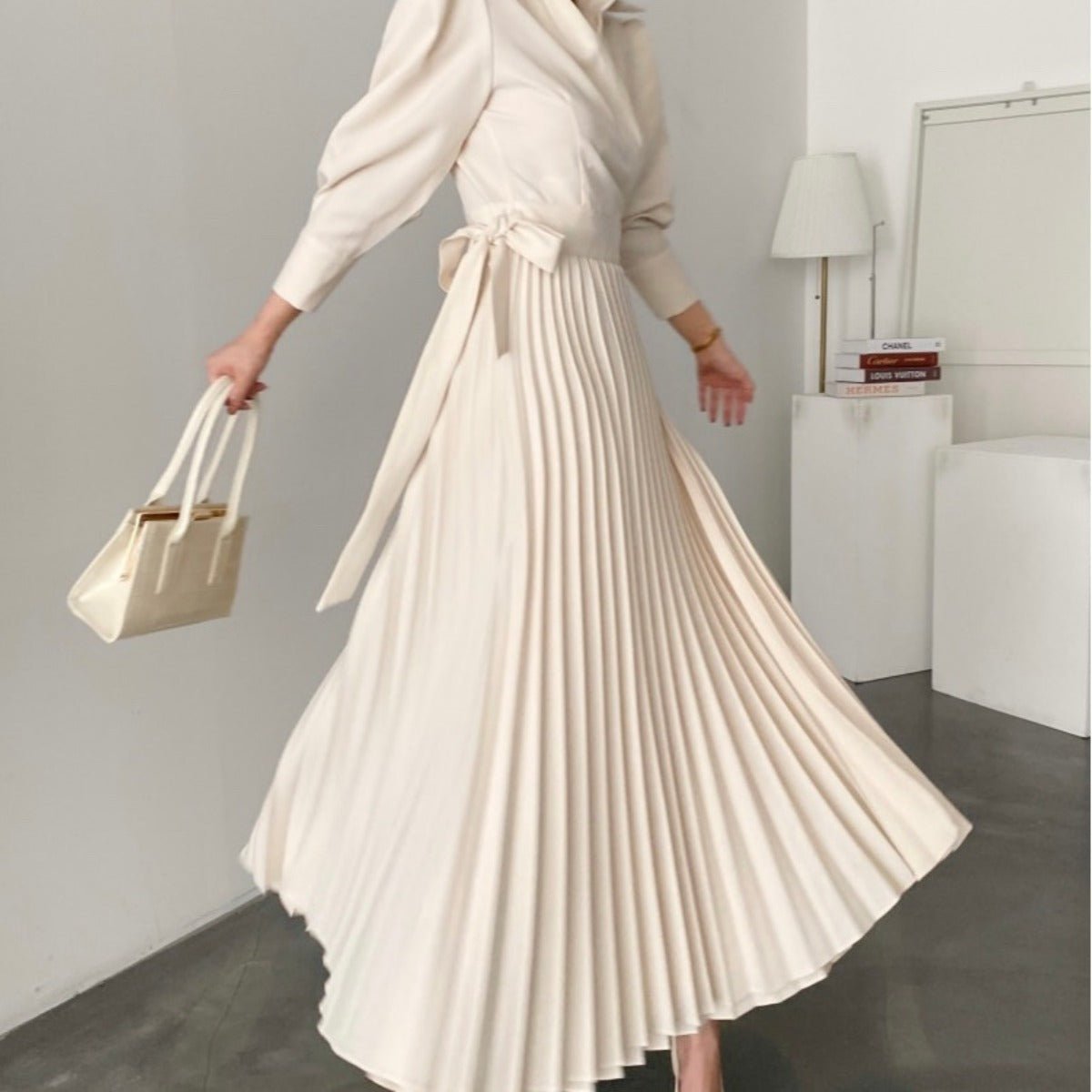 Lapel Bow Tie Waist Dress | Skinny Bubble Sleeve Pleated Midi Dress (MA240)