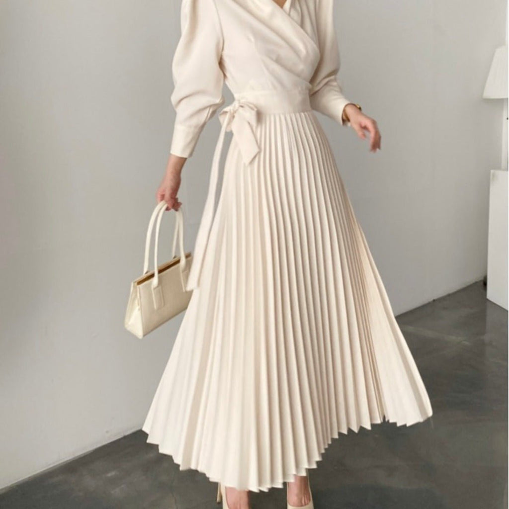 Lapel Bow Tie Waist Dress | Skinny Bubble Sleeve Pleated Midi Dress (MA240)
