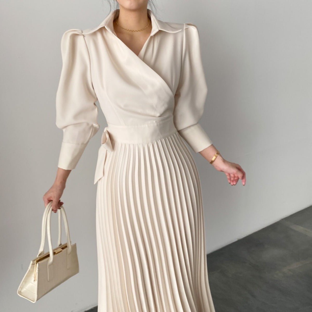 Lapel Bow Tie Waist Dress | Skinny Bubble Sleeve Pleated Midi Dress (MA240)