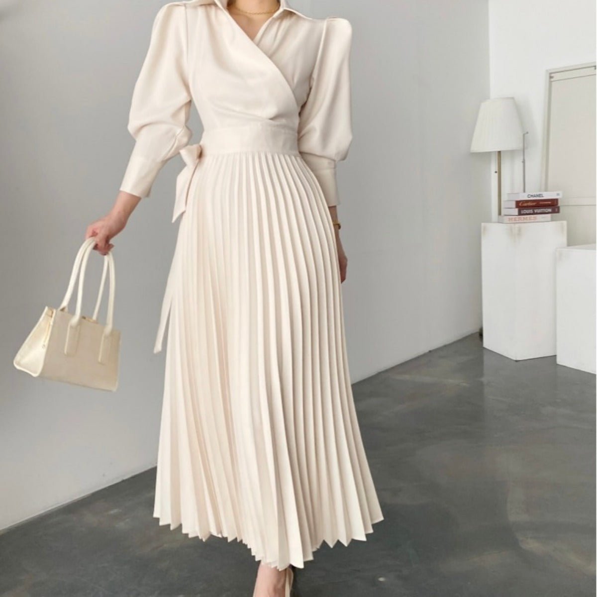 Lapel Bow Tie Waist Dress | Skinny Bubble Sleeve Pleated Midi Dress (MA240)