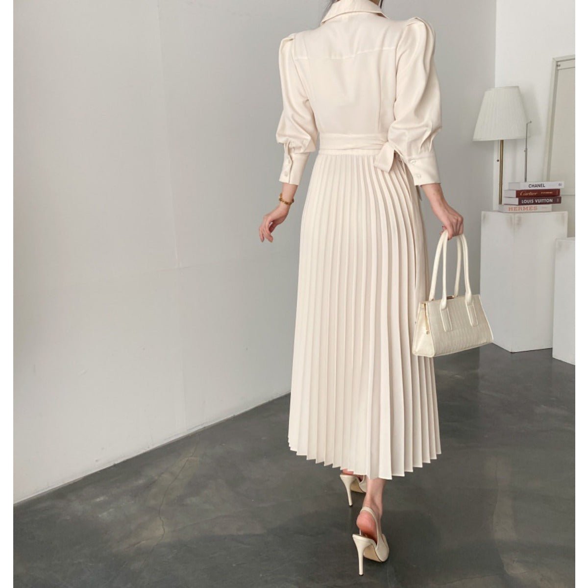 Lapel Bow Tie Waist Dress | Skinny Bubble Sleeve Pleated Midi Dress (MA240)