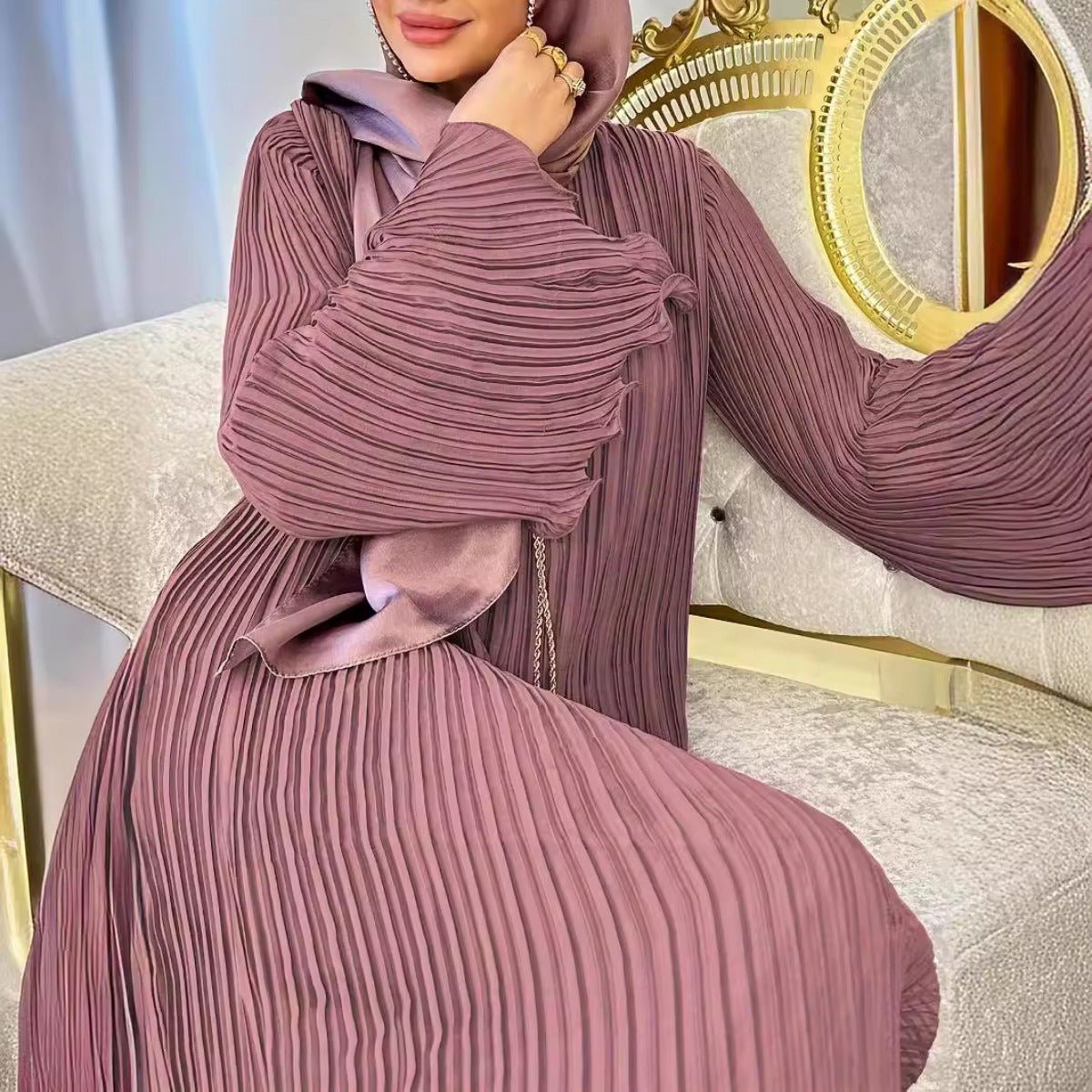 Lavender Dream Pleated Abaya | Modest Bell Sleeve Maxi Dress (MA263)