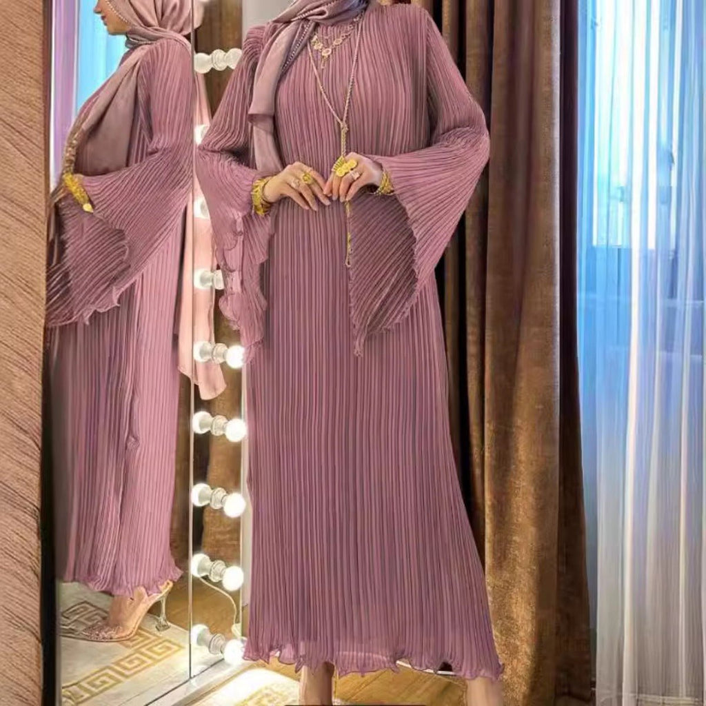 Lavender Dream Pleated Abaya | Modest Bell Sleeve Maxi Dress (MA263)