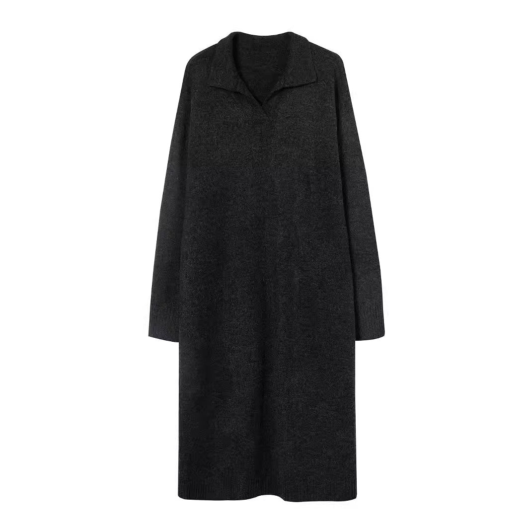 Lazy Style Polo Collar Knit Maxi Dress | Thick Sweater Base Layer Dress(MS157)