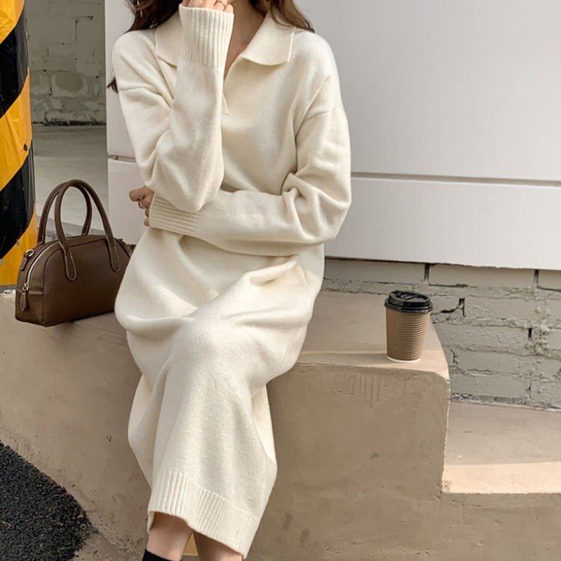 Lazy Style Polo Collar Knit Maxi Dress | Thick Sweater Base Layer Dress(MS157)