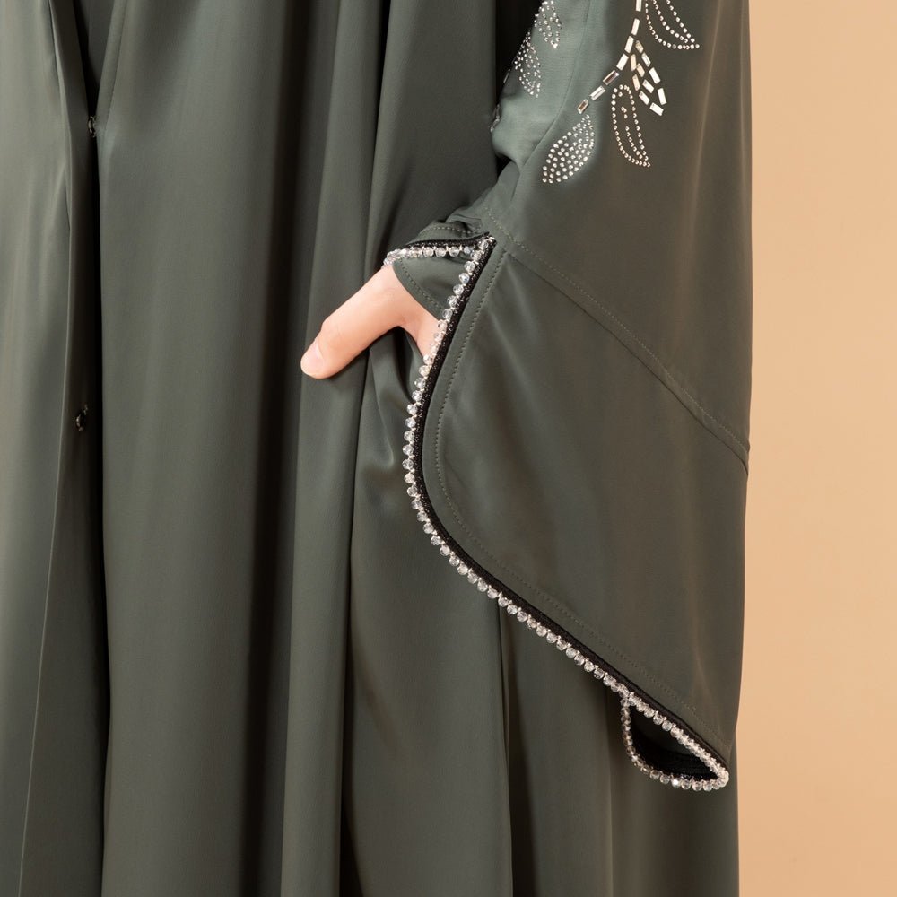 Leaf Embellishment Satin 3-Piece Abaya Set for Eid (MOA244)