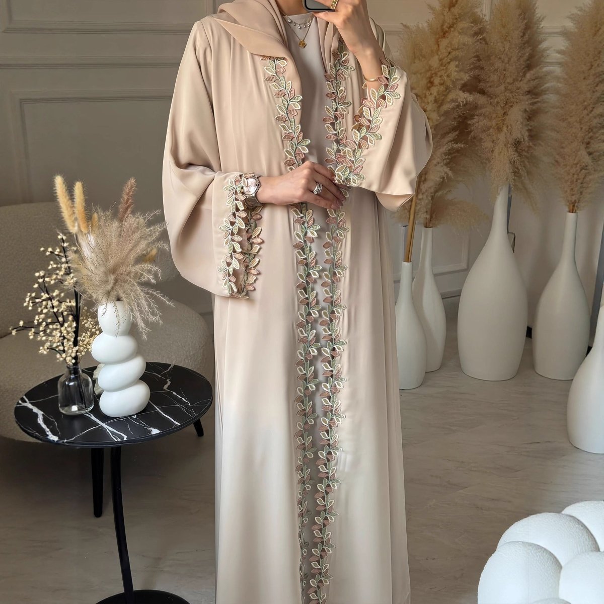 Leaf Lace Trim Abaya | Elegant Embroidered Open-Front Maxi Dress(MOA255)