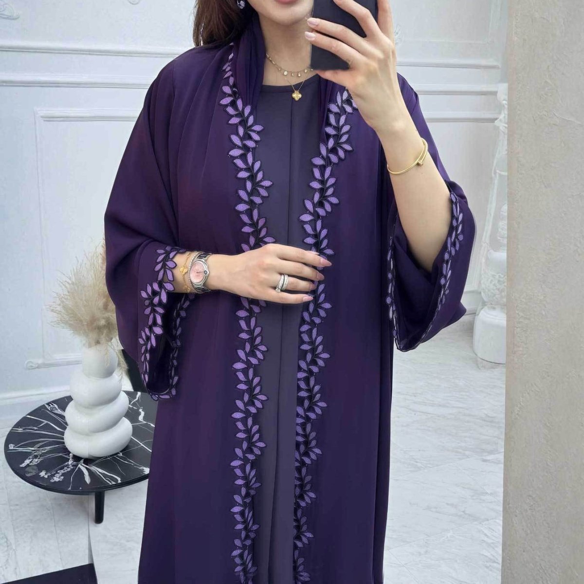 Leaf Lace Trim Abaya | Elegant Embroidered Open-Front Maxi Dress(MOA255)