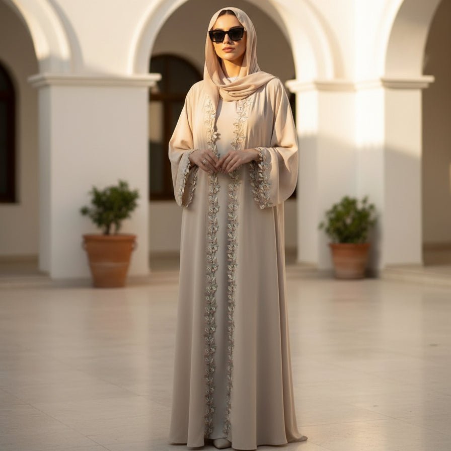 Leaf Lace Trim Abaya | Elegant Embroidered Open-Front Maxi Dress(MOA255)