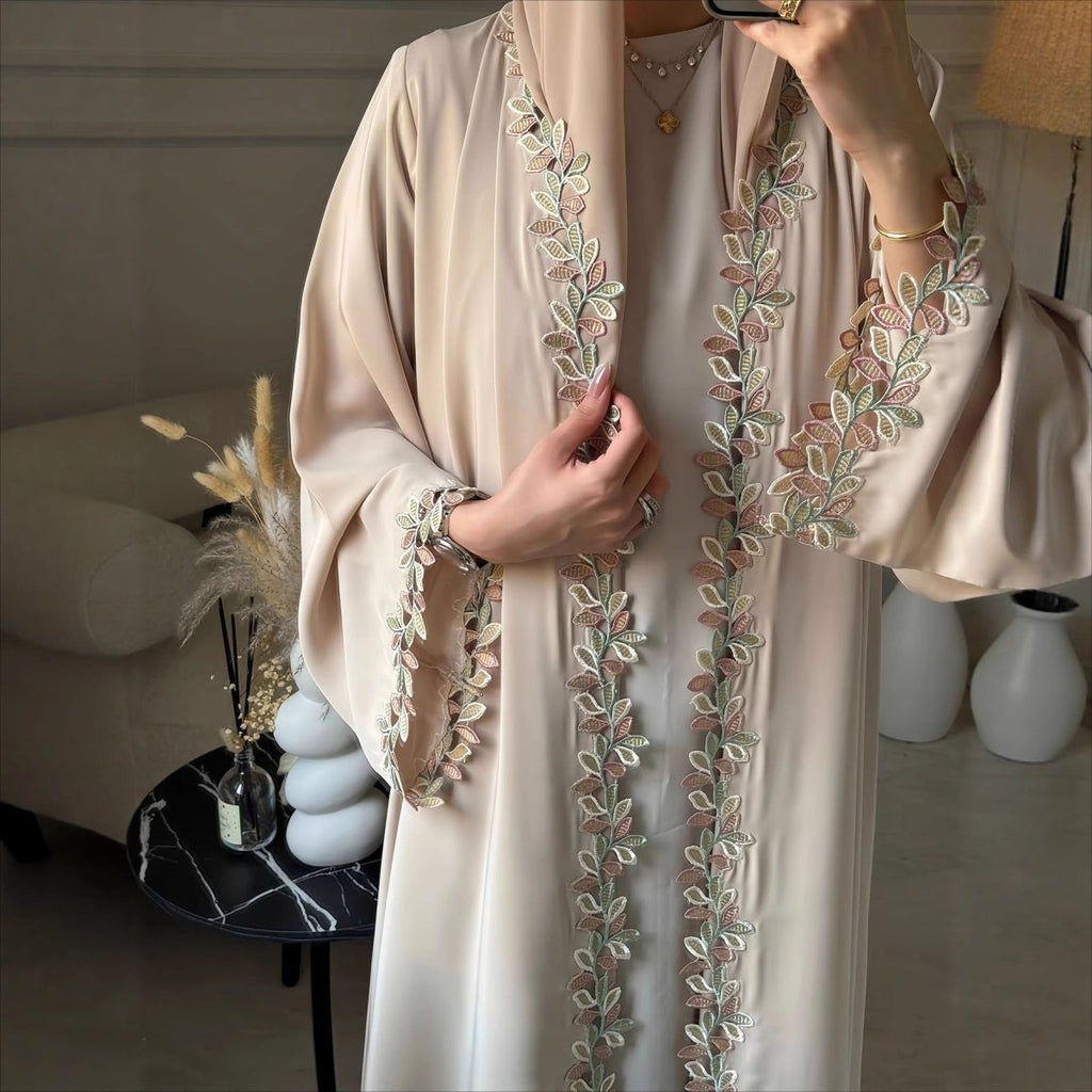 Leaf Lace Trim Abaya | Elegant Embroidered Open-Front Maxi Dress(MOA255)