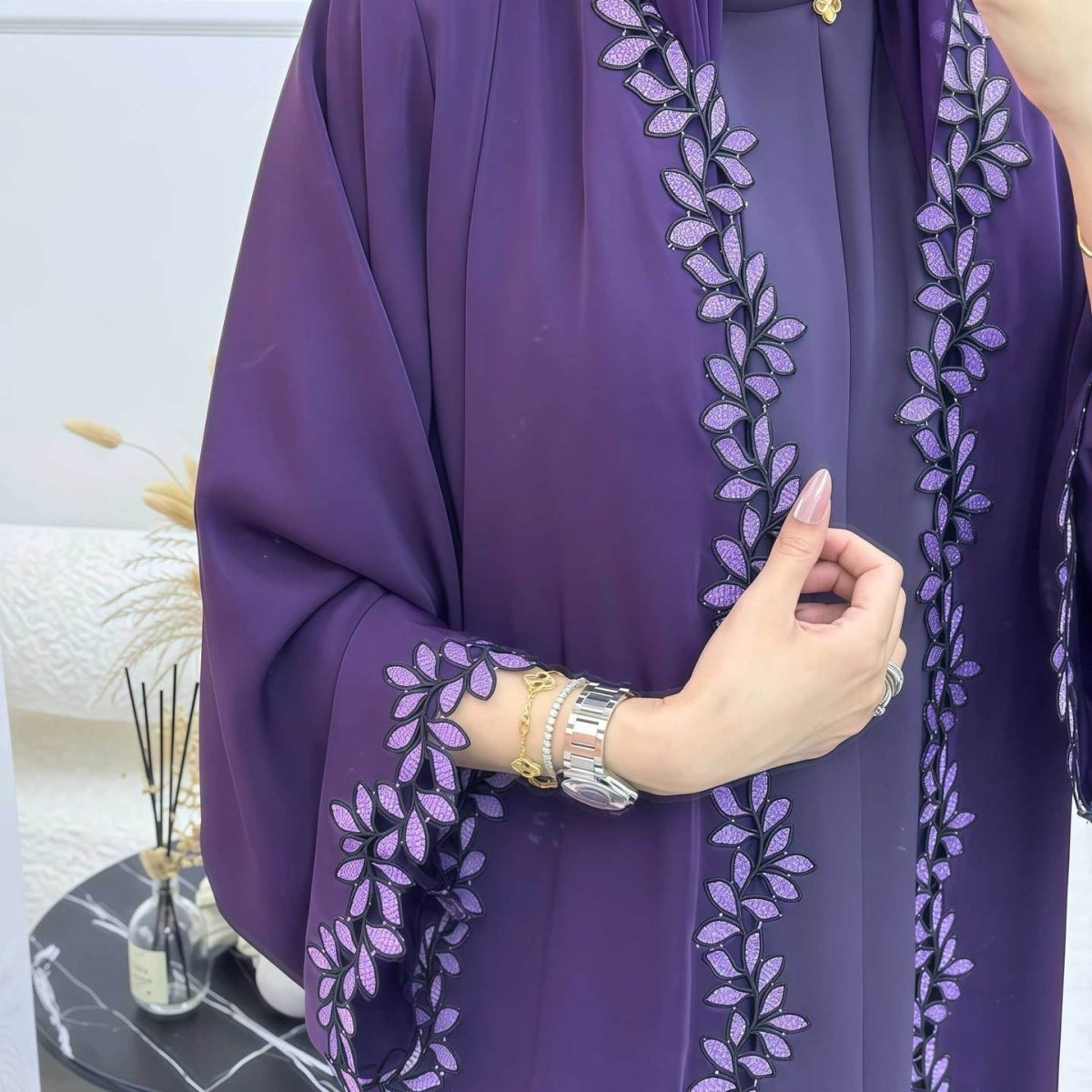 Leaf Lace Trim Abaya | Elegant Embroidered Open-Front Maxi Dress(MOA255)