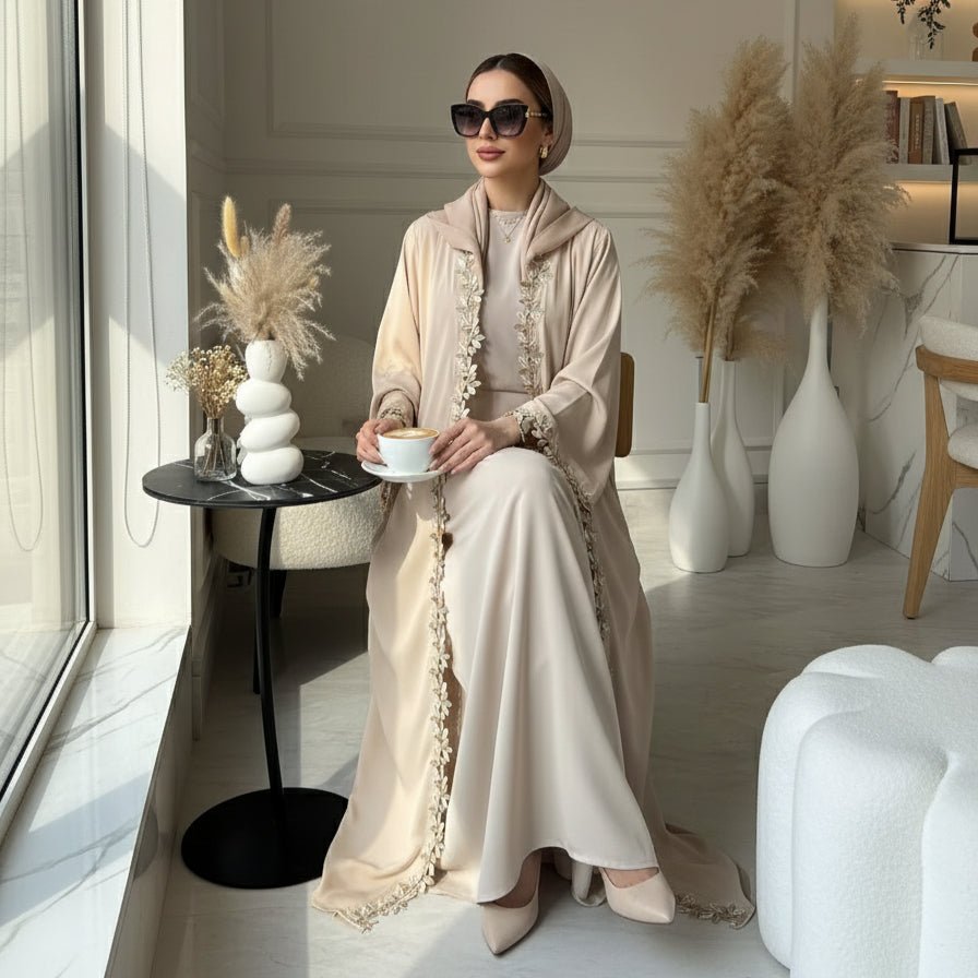 Leaf Lace Trim Abaya | Elegant Embroidered Open-Front Maxi Dress(MOA255)