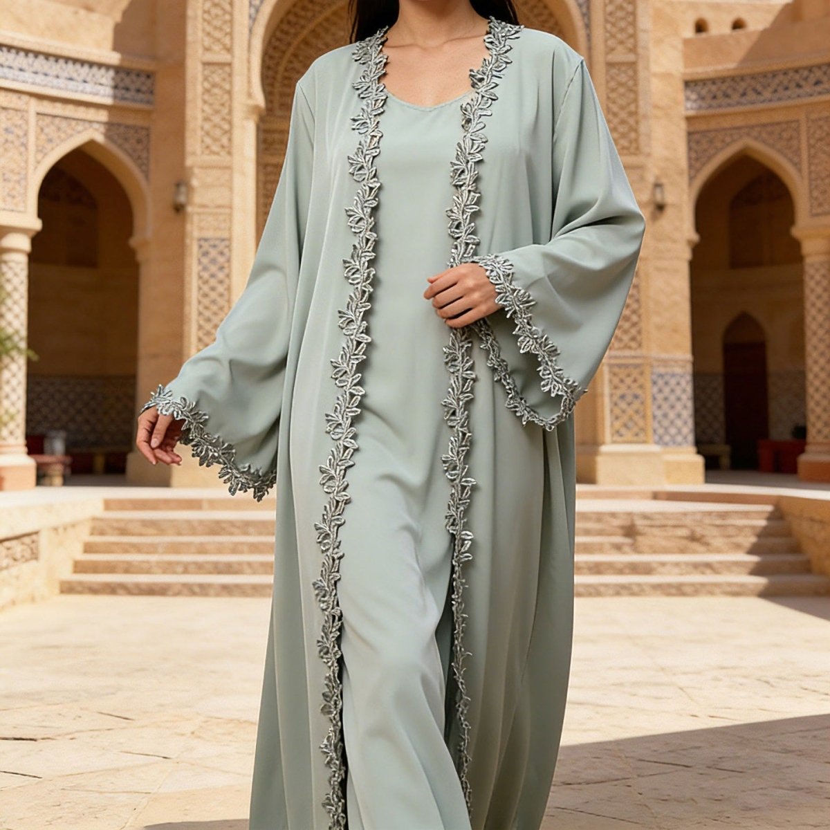 Leaf Lace Trim Abaya | Elegant Embroidered Open-Front Maxi Dress(MOA255)