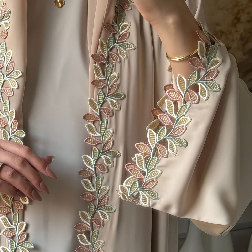 Leaf Lace Trim Abaya | Elegant Embroidered Open-Front Maxi Dress(MOA255)