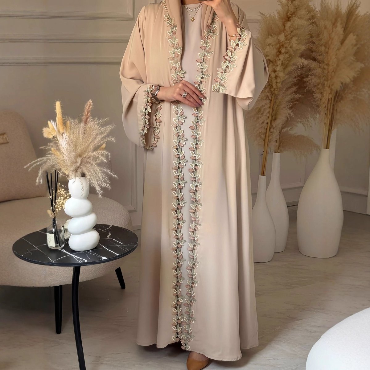 Leaf Lace Trim Abaya | Elegant Embroidered Open-Front Maxi Dress(MOA255)