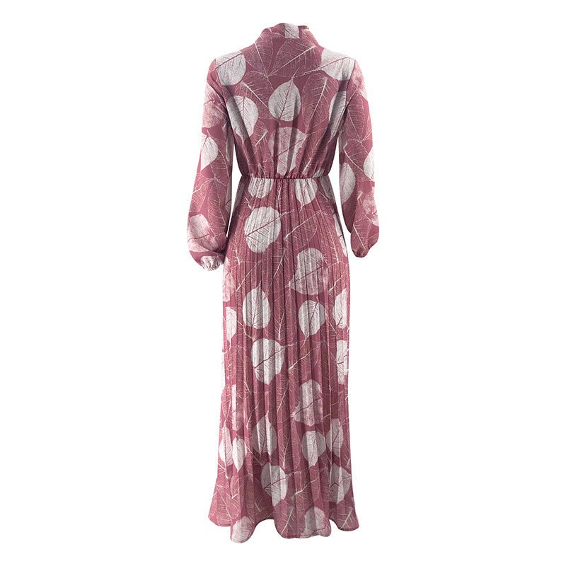 Leaf Print Chiffon Dress with Pleated Skirt (MA405)