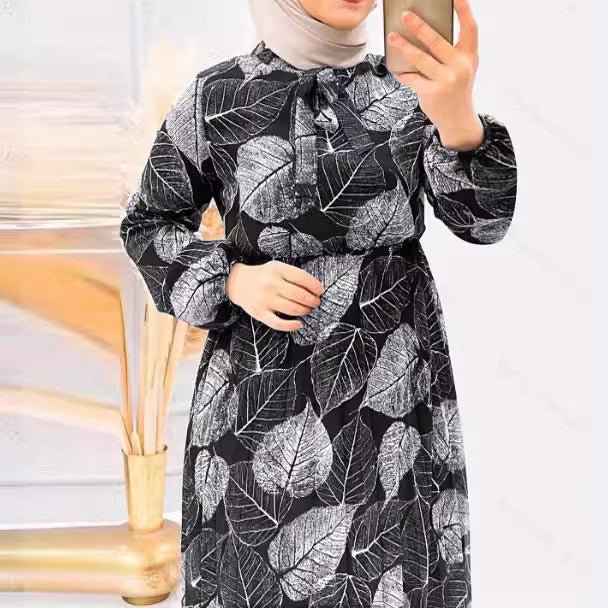 Leaf Print Chiffon Dress with Pleated Skirt (MA405)