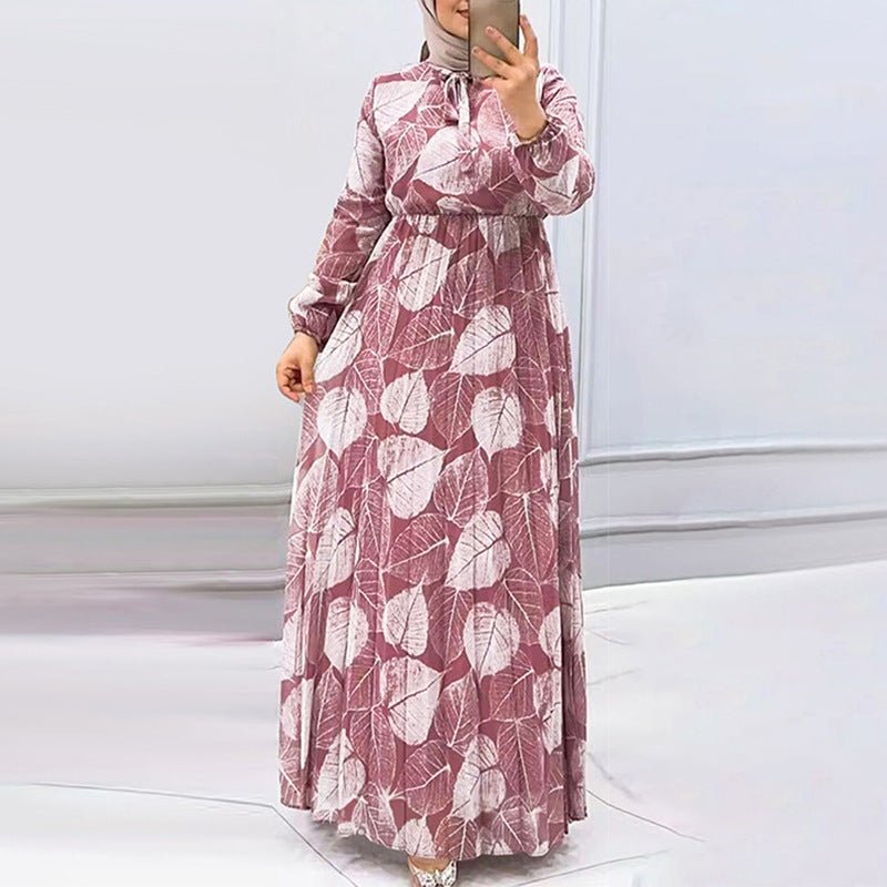 Leaf Print Chiffon Dress with Pleated Skirt (MA405)